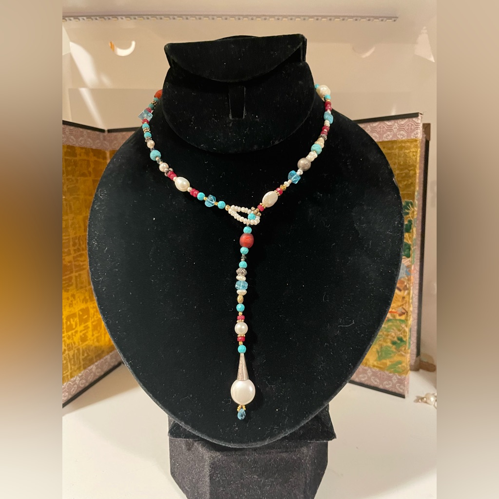 Turquoise, Pearl And Ruby Lariat-Nwot